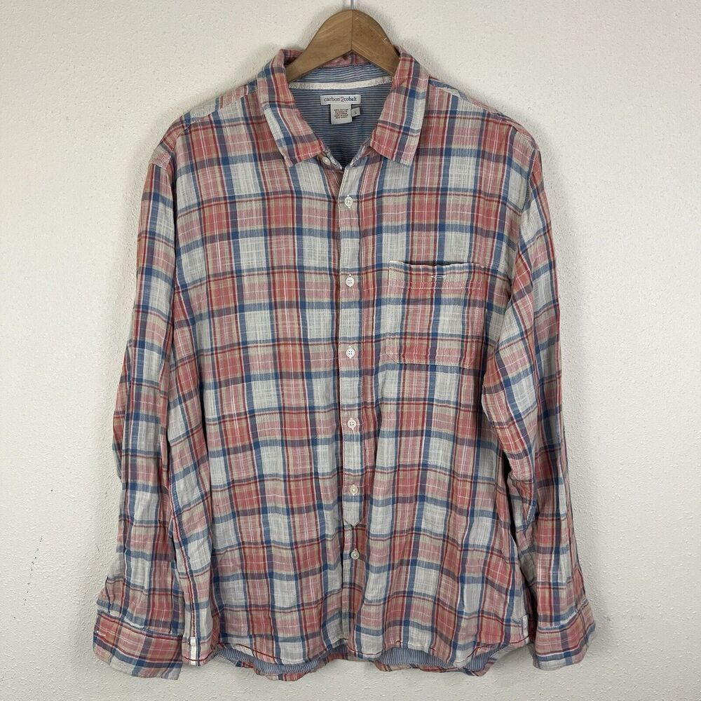 Carbon 2 Cobalt Double Cloth Button Down Long Sleeve Shirt Mens L Large Plaid